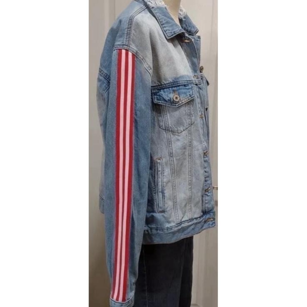 KanCan Womens Denim Jacket M Light Blue Distressed Striped Streetwear - Picture 7 of 10